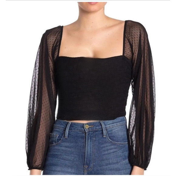 Socialite Black Square Neck Sheer Polka Dot Mesh Balloon Sleeve Crop Top M - Picture 1 of 12